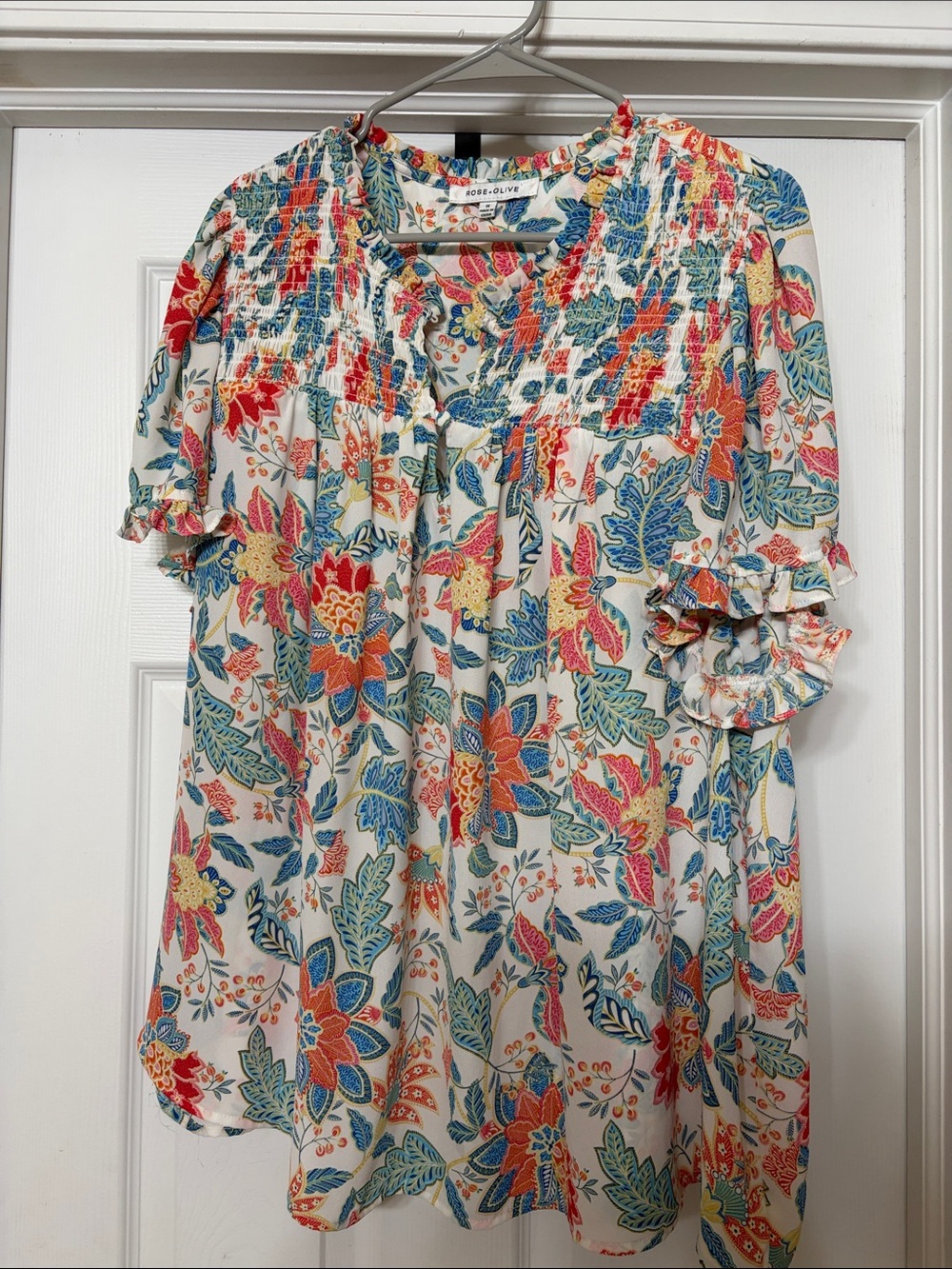 Rose & Olive Floral Smocked Peasant Blouse in Cream, Blue & Coral